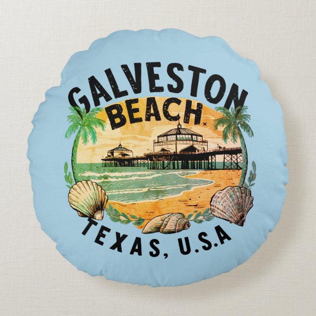 Galveston Beach Retro Vignette Round Cushion (Front)