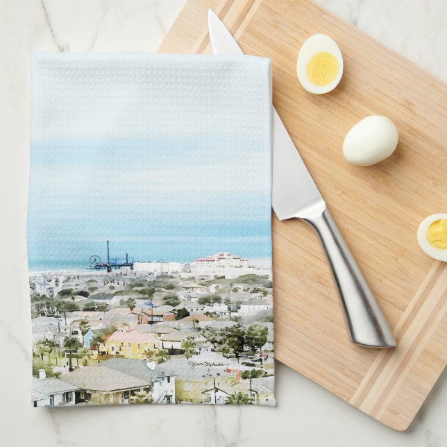 Galveston Coast, beach and city view Tea Towel (Quarter Fold)