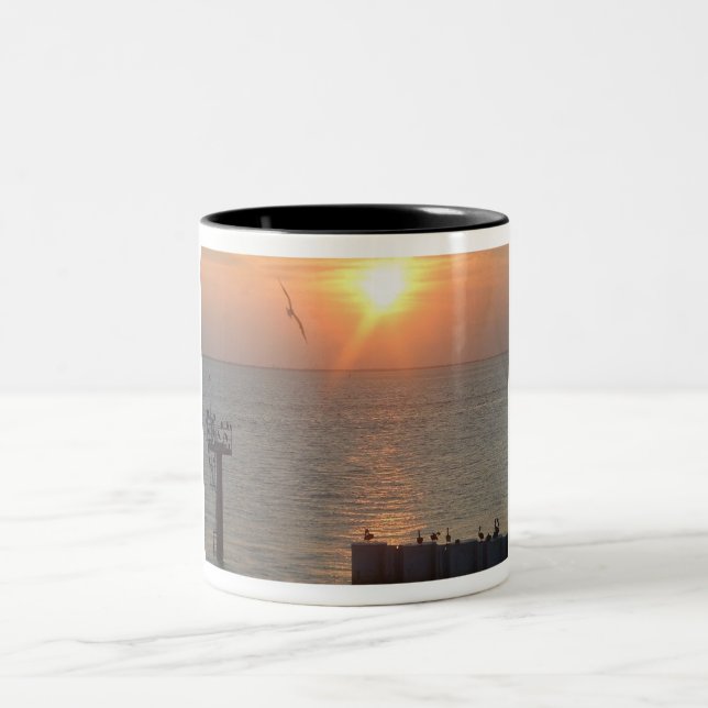 Galveston Gulf Sunset Birds Two-Tone Coffee Mug (Center)