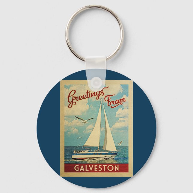 Galveston Sailboat Vintage Travel Texas Key Ring (Front)