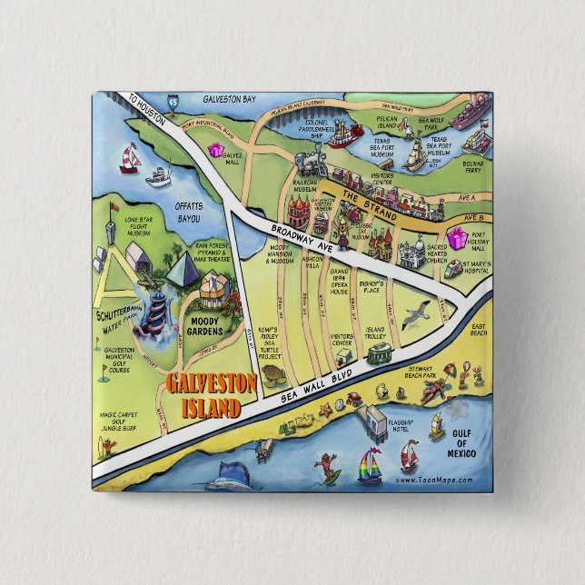 Galveston Texas Cartoon Map 15 Cm Square Badge (Front)