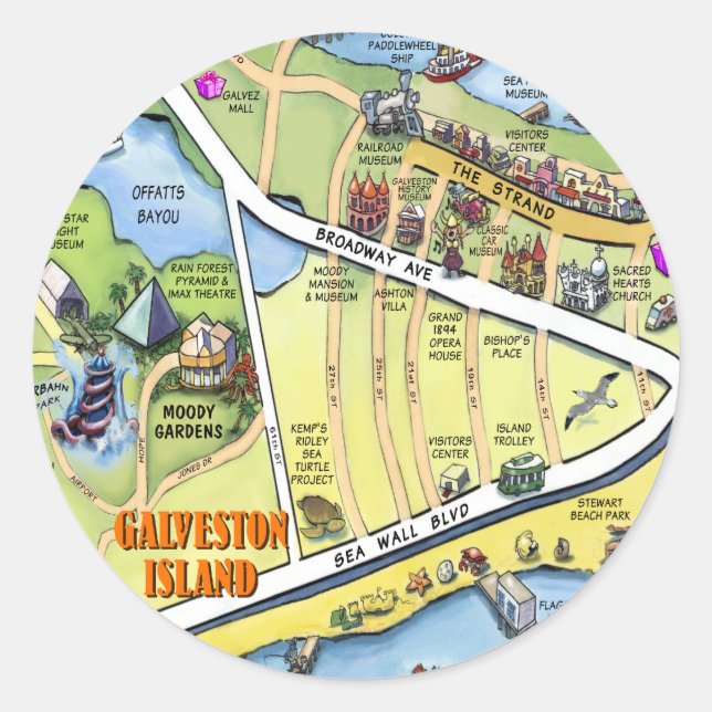 Galveston Texas Cartoon Map Classic Round Sticker (Front)