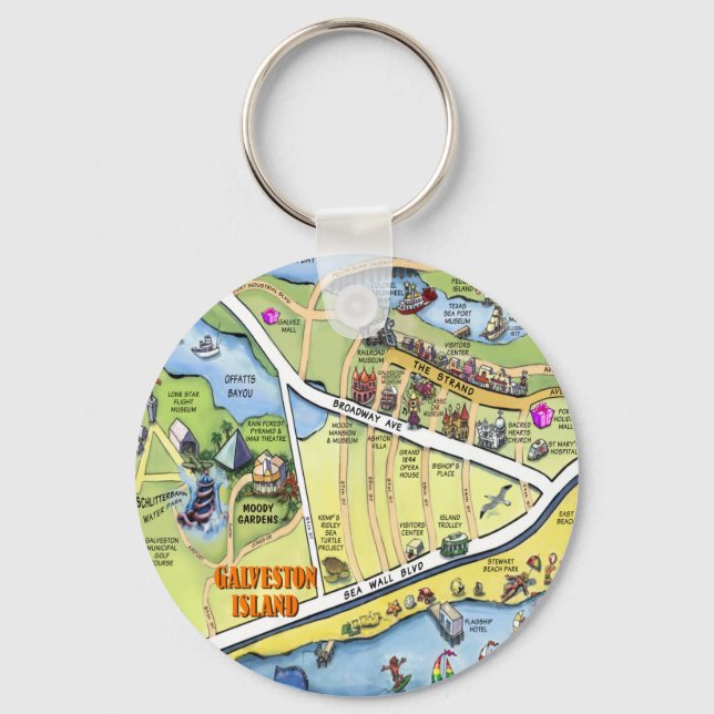 Galveston Texas Cartoon Map Key Ring (Front)