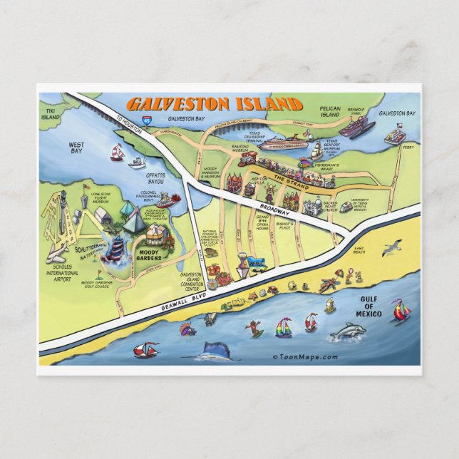 Galveston Texas Cartoon Map Postcard (Front)