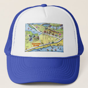 Galveston Texas Cartoon Map Trucker Hat