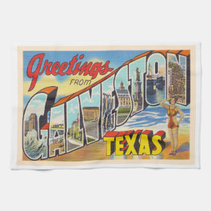 Galveston Texas TX Vintage Large Letter Postcard Tea Towel