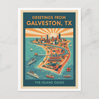 Galveston TX Island Oasis Retro Travel Postcard