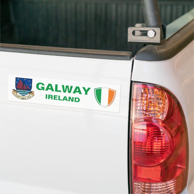 Galway Ireland Crest and Irish Flag Bumper Sticker (On Truck)
