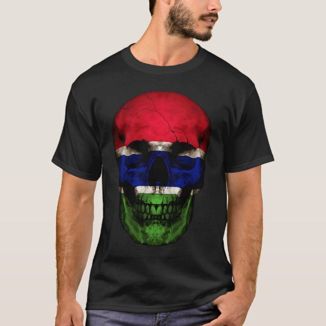 Gambia Flag Skull Gambian Roots Proud Patriotic T-Shirt (Front)