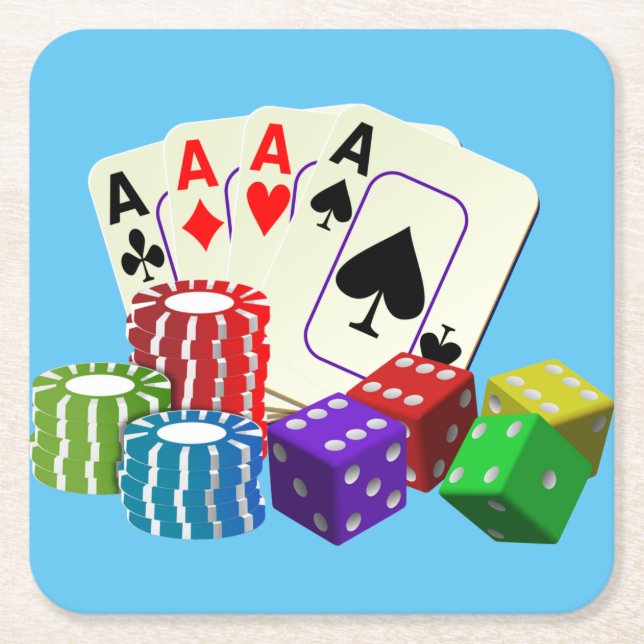 Gambling Casino Dice Poker chips Cards art Square Paper Coaster (Front)