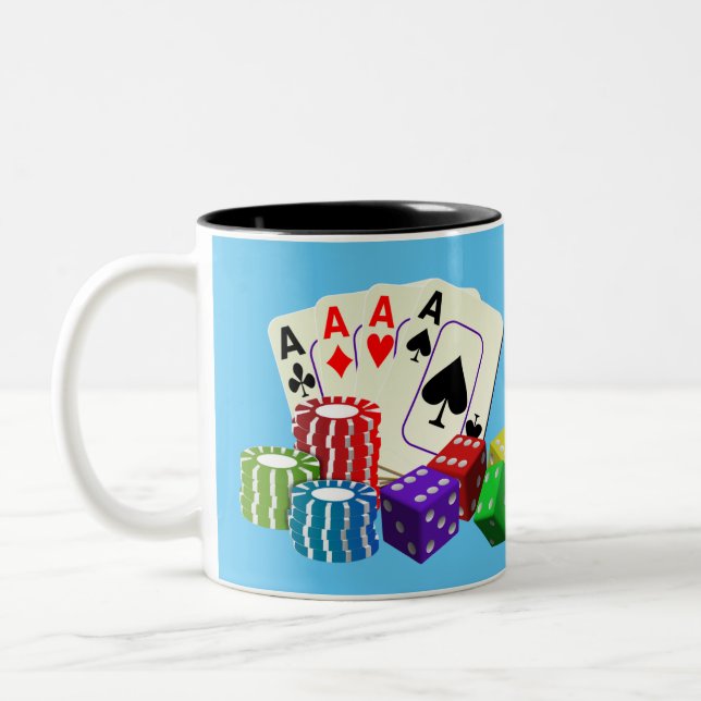 Gambling Casino Dice, Poker chips, playing Cards  Two-Tone Coffee Mug (Left)