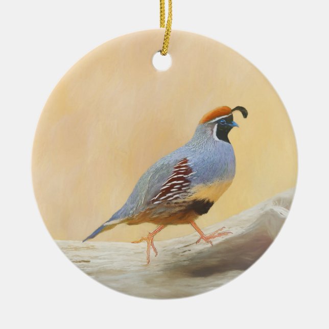 Gambrel's Quail Painting Original Bird Art Ceramic Tree Decoration (Front)
