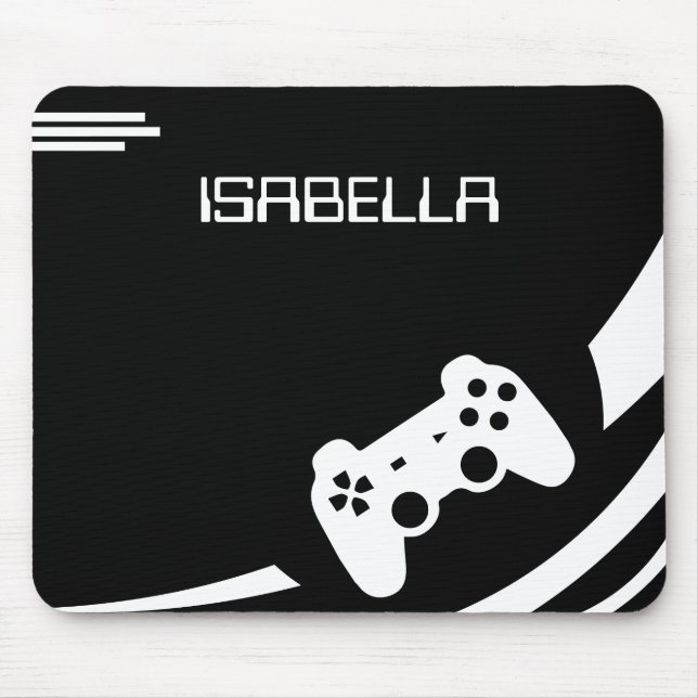 Game Black & White Modern Gamer Personalised Name Mouse Mat (Front)