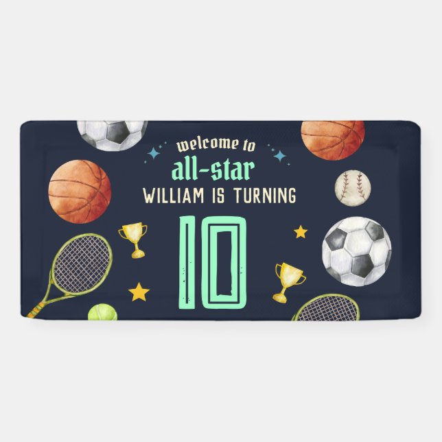 game blue kids boys Sports 10th Birthday Banner (Horizontal)