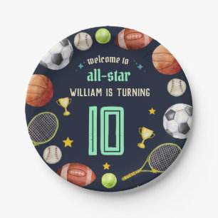 game blue kids boys Sports 10th Birthday Paper Plate