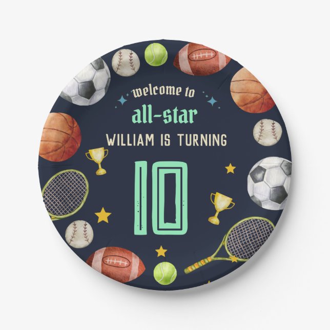 game blue kids boys Sports 10th Birthday Paper Plate (Front)