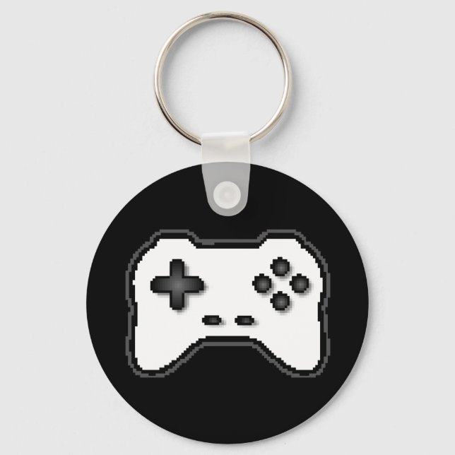 Game Controller Black White 8bit Video Game Style Key Ring (Front)