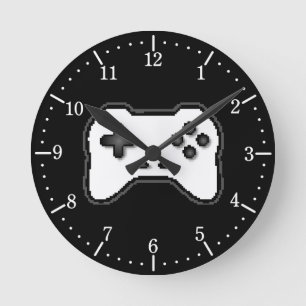 Game Controller Black White 8bit Video Game Style Round Clock