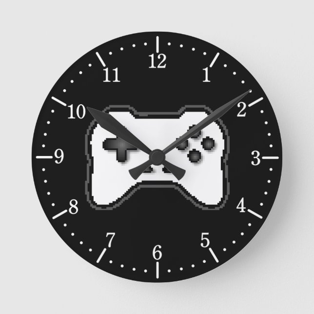 Game Controller Black White 8bit Video Game Style  Round Clock (Front)