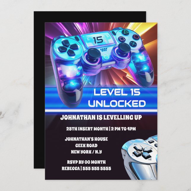 Game controller video games neon any age geek invitation (Front/Back)