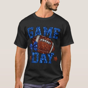 Game Day Football Season Football Mama Blue Bow T-Shirt