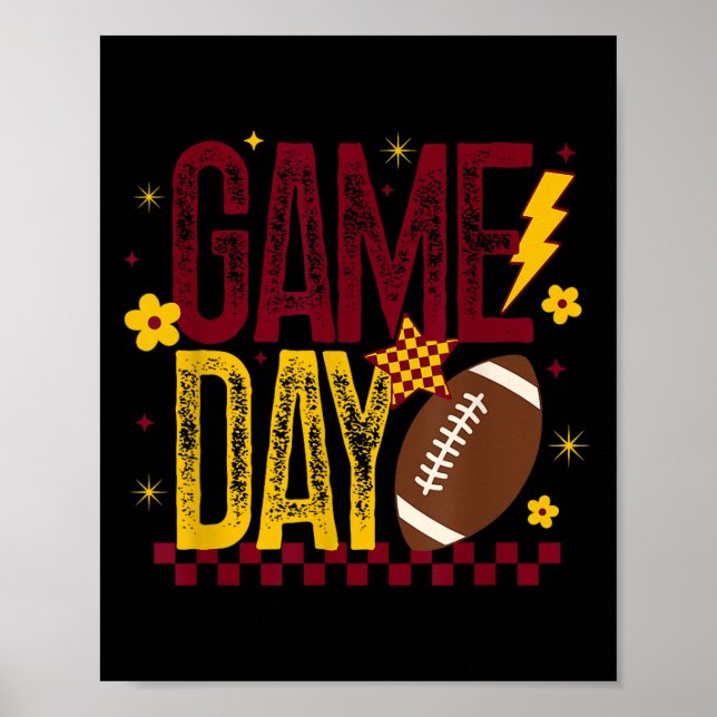 Game Day Football Season Retro Maroon Gold Checked Poster (Front)