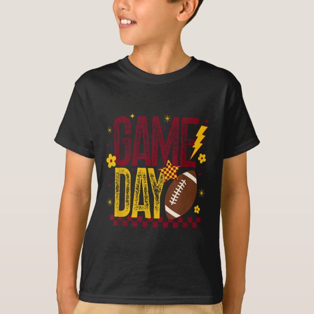 Game Day Football Season Retro Maroon Gold Checked T-Shirt (Front)