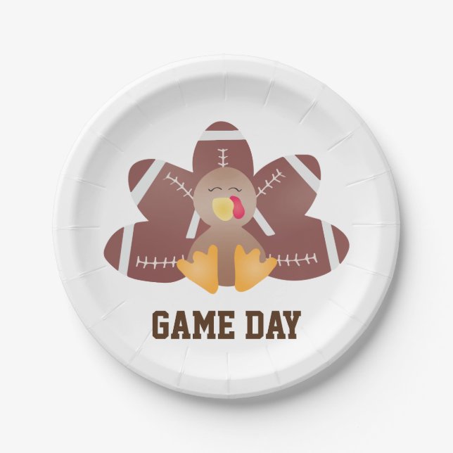 Game Day Football Turkey Feathers Brown Paper Plate (Front)