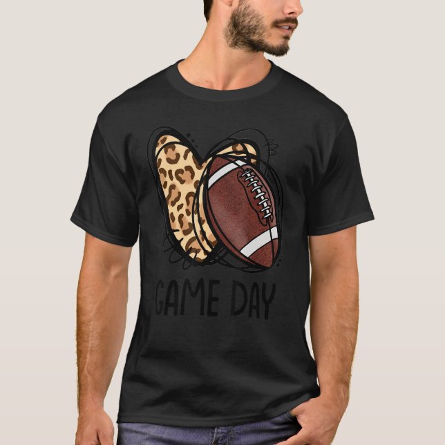 Game Day Leopard Football Love Heart Football Mum  T-Shirt (Front)