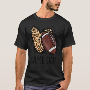 Game Day Leopard Football Love Heart Football Mum  T-Shirt