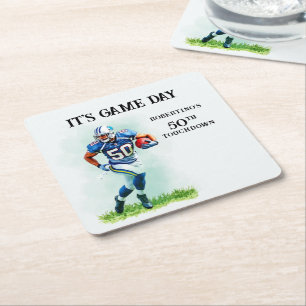 Game Day Running American Football 50th birthday Square Paper Coaster