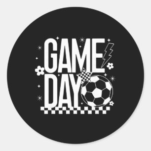 Game Day Soccer Season Mom Retro Checkered Lightni Classic Round Sticker