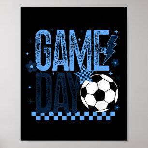Game Day Soccer Season Retro Light Blue Checkered  Poster