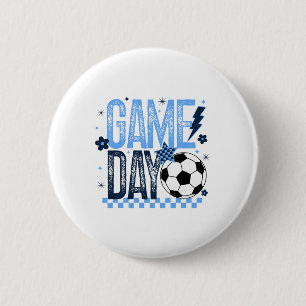 Game Day Soccer Season Retro Light Blue Chequered 6 Cm Round Badge