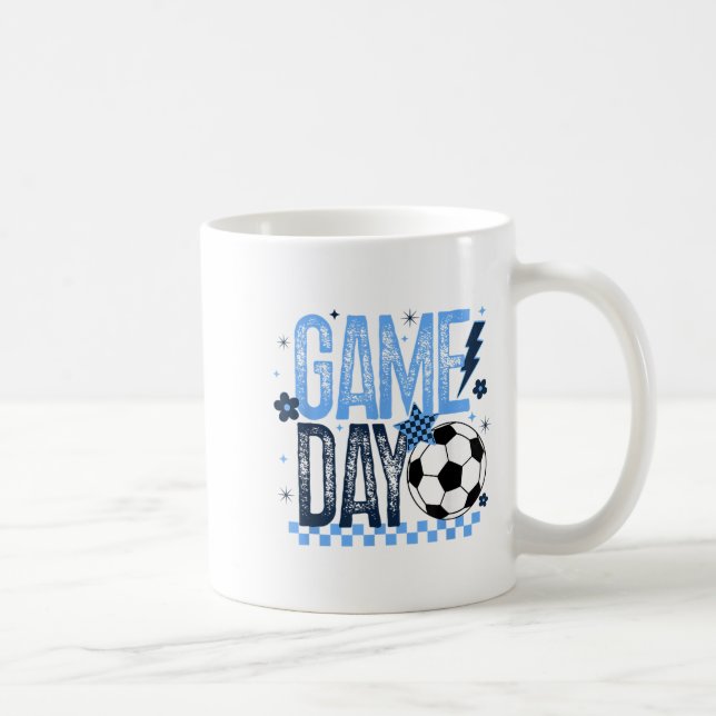 Game Day Soccer Season Retro Light Blue Chequered  Coffee Mug (Right)