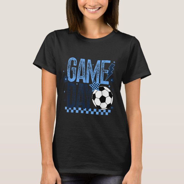 Game Day Soccer Season Retro Light Blue Chequered  T-Shirt (Front)