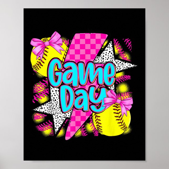 Game Day Softball Lighning Coquette Bow Funny Soft Poster (Front)