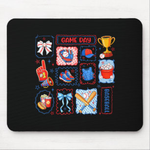 Game day vibes retro coquette bow baseball menGame Mouse Mat