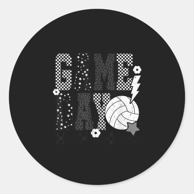 Game Day Volleyball Chequered Funny Volleyball  Classic Round Sticker (Front)