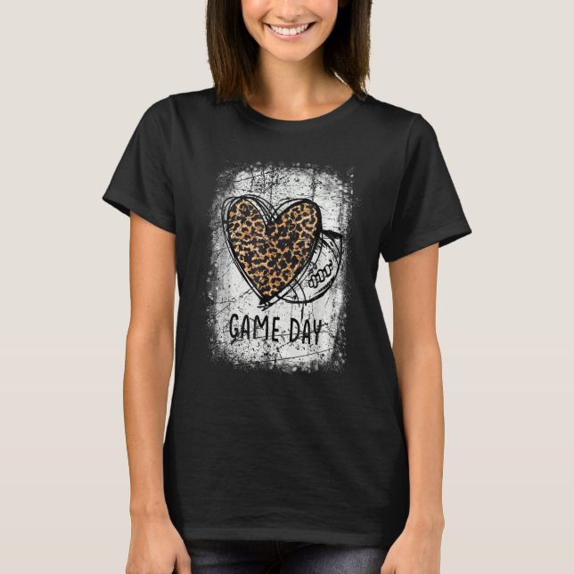 game day with leopard heart football  mom bleached T-Shirt (Front)