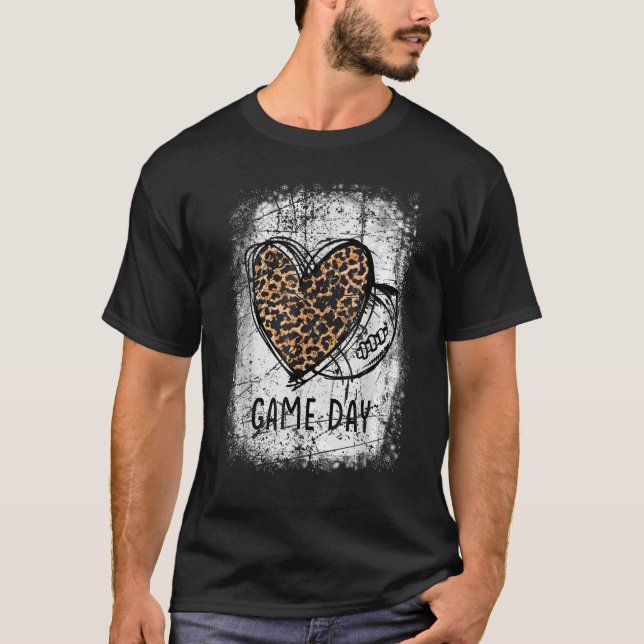 game day with leopard heart football  mum bleached T-Shirt (Front)