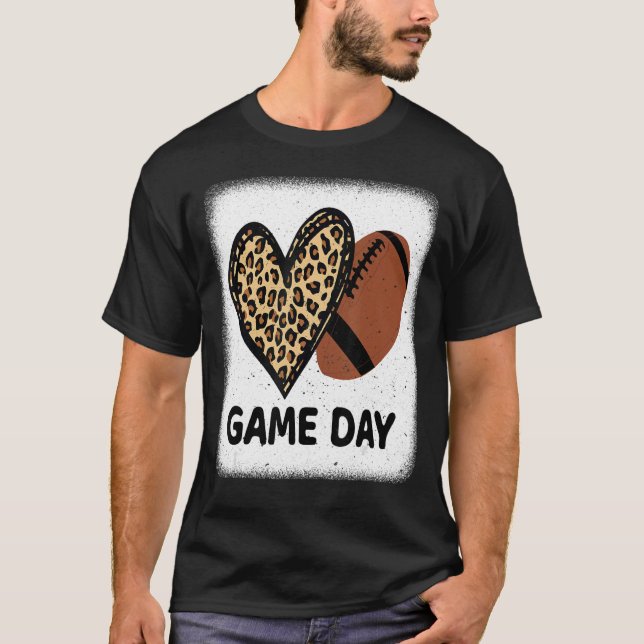 Game Day With Leopard Heart Football  Mum Bleached T-Shirt (Front)