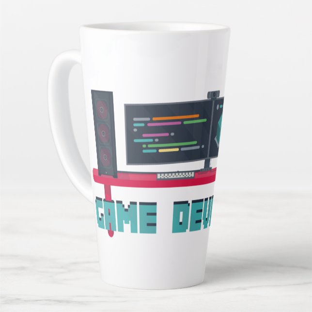 Game Developer Latte Mug - Blue Letters (Left Angle)