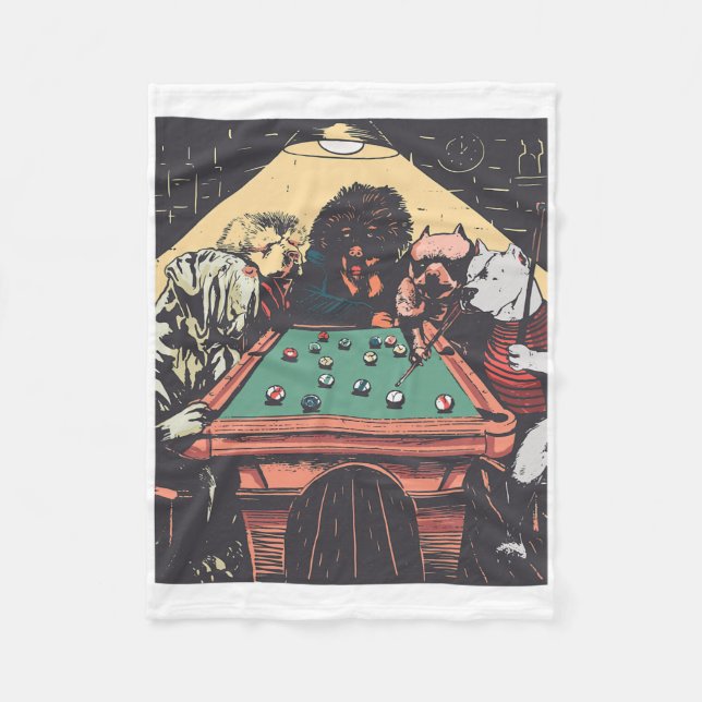 Game Night Dogs On Billiards Pool Table Shooting 8 Fleece Blanket (Front)