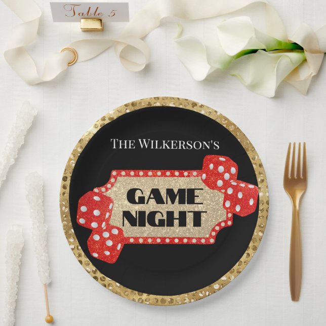 Game Night Glitter Marquee Sign on Black Paper Plate (Wedding)
