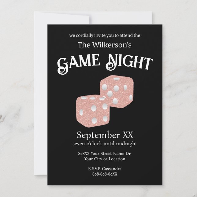 Game Night Pink Glitter Dice on Black Invitation (Front)