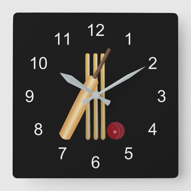 Game of Cricket, Bat and Ball Square Wall Clock (Front)