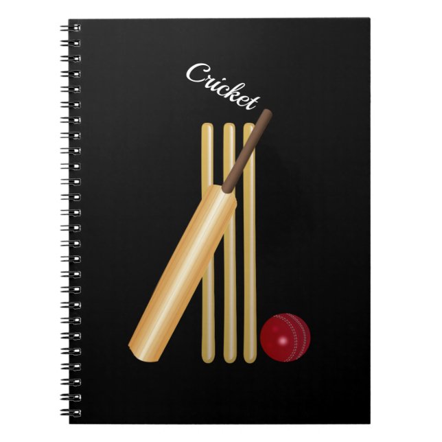 Game of Cricket, Bat and Ball, White Text Notebook (Front)