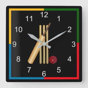 Game of Cricket, Wicket, Bat and Ball Square Wall Clock