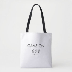 Game on add couple name wedding party place city g tote bag